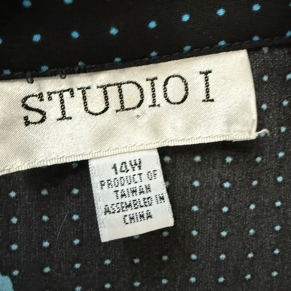 Studio I Shirt Dress Womens 12W Black Blue Floral Polka Dot Sleeveless Cottage